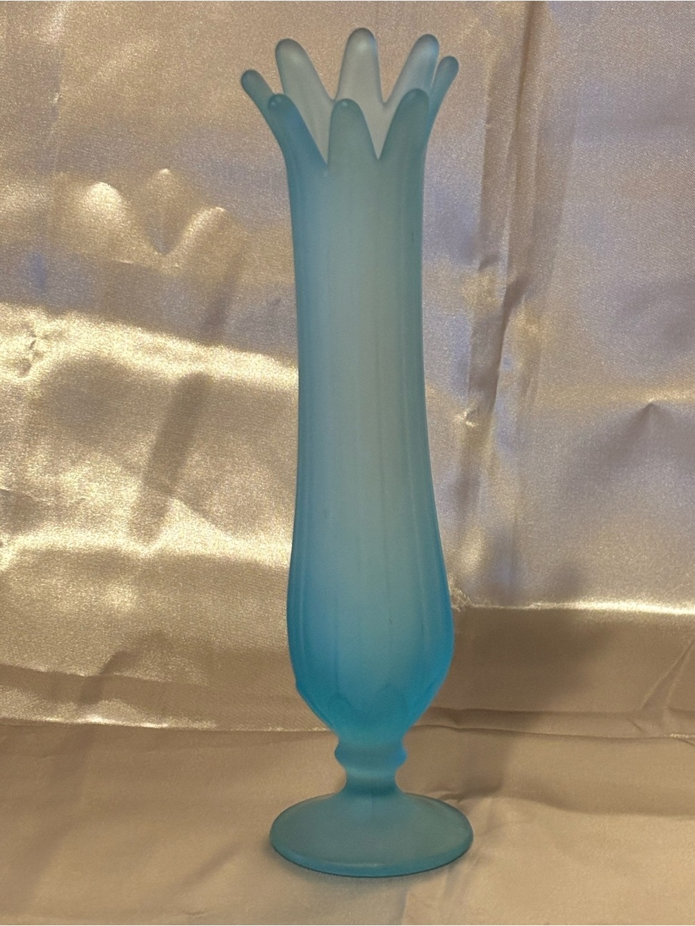 Vintage Frosted Sky Blue Satin 8 fingered Glass Vase